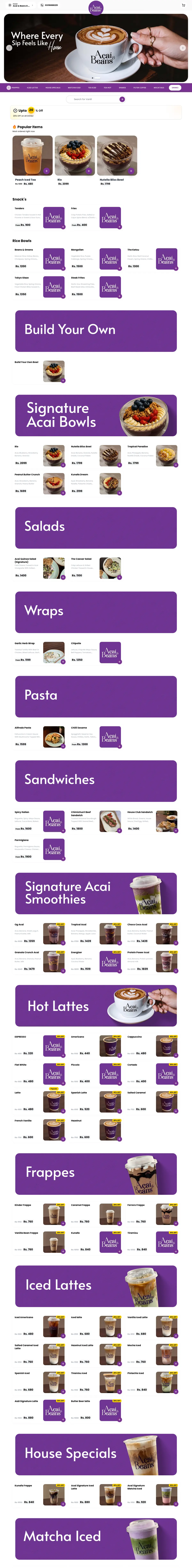 Full homepage of Açaí & Beans on desktop