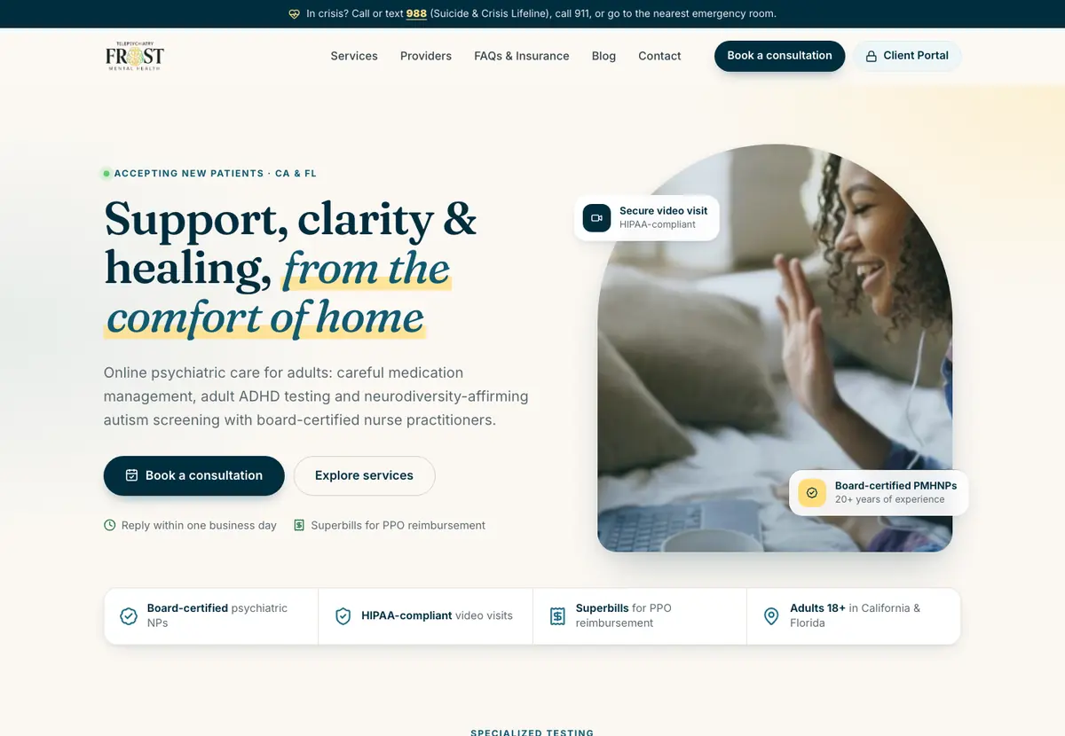 The new homepage of Frost Mental Health, first screen