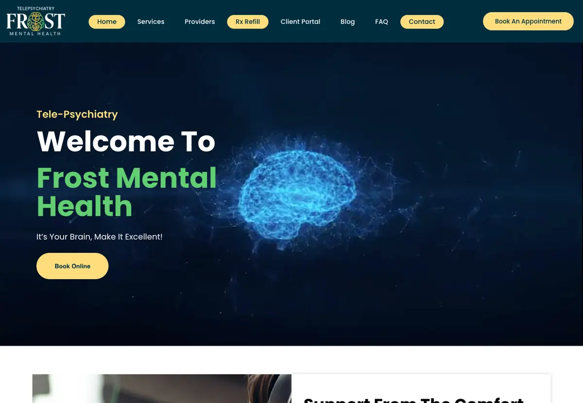 The old homepage of Frost Mental Health, first screen