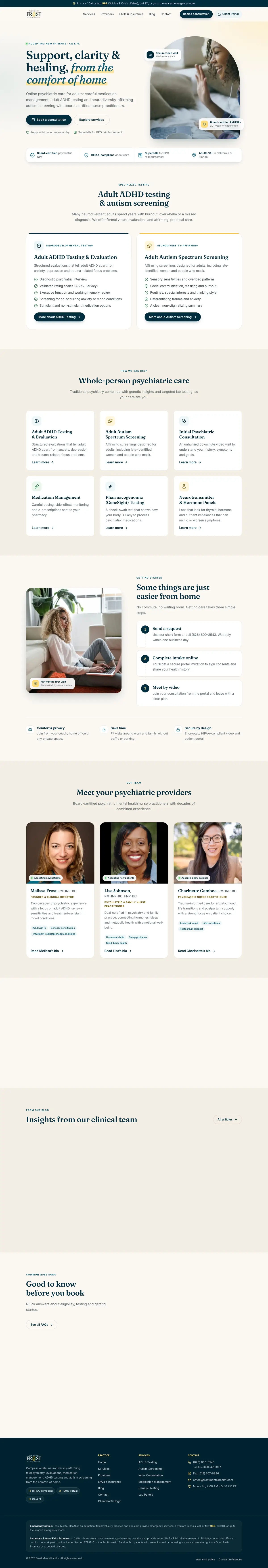 Full homepage of Frost Mental Health on desktop