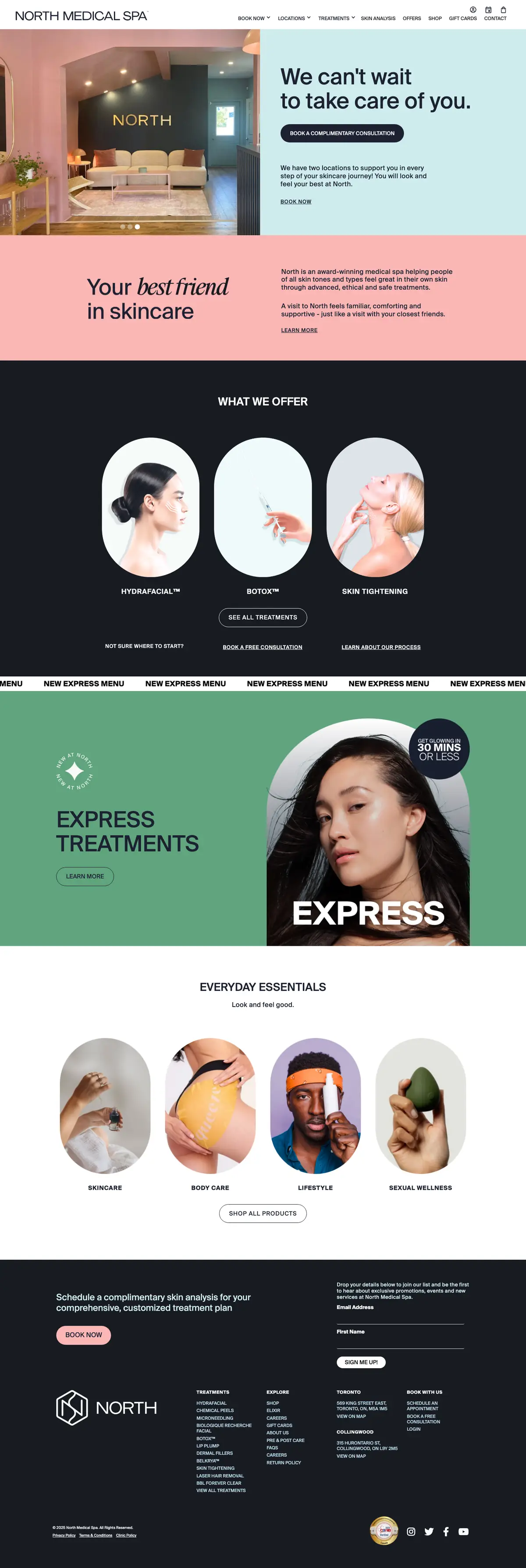 Full homepage of North Medical Spa on desktop